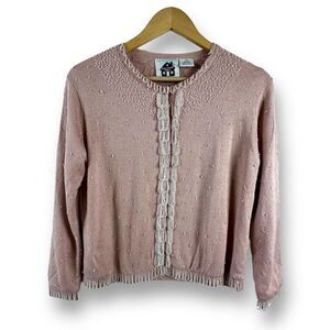 Storybook Knits Women's XS Beaded Fringe Snap Cardigan 50's Beautiful Blush Pink